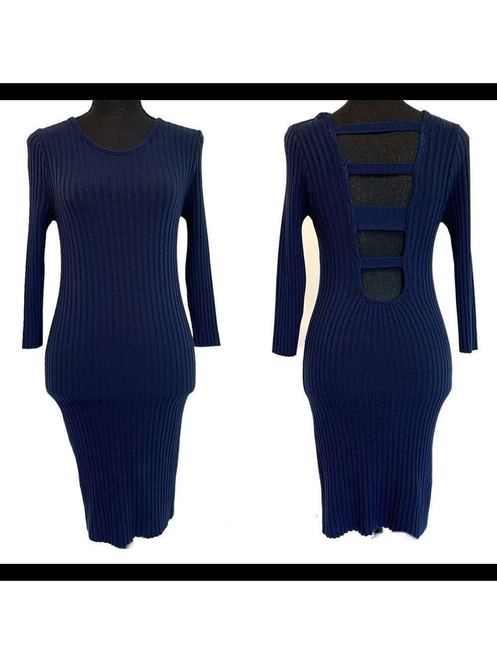 NAVY Blue ribbed knit long sleeve bodycon sweater dress Sz M - Picture 8 of 8